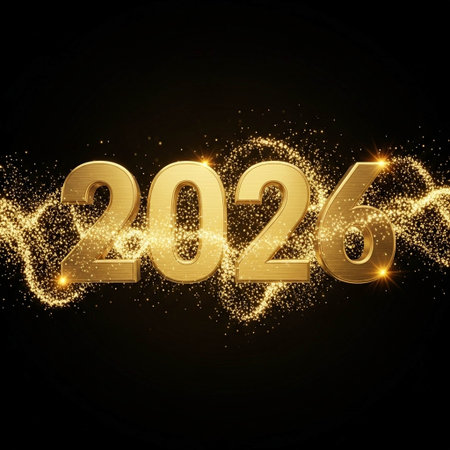 Golden numbers 2026 on a black background.