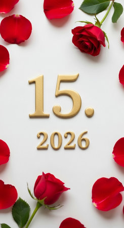 Number of age in gold and red rose petals on white backgroundの写真素材