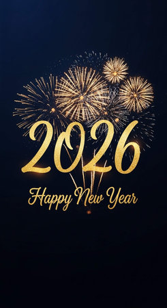 Happy New Year greeting card with fireworks on dark background. Happy New Year