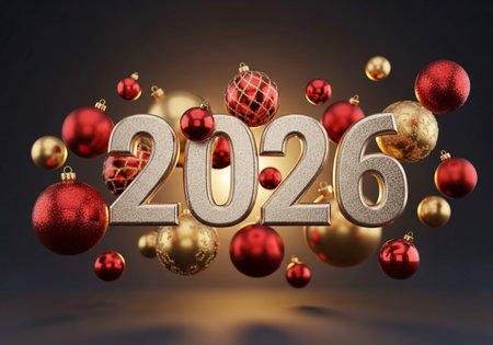Happy New Year 2020. 3D illustration with red and golden Christmas balls.