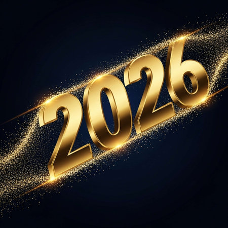 Happy New Year 2016. Golden glittering numbers on dark background. Vector illustration
