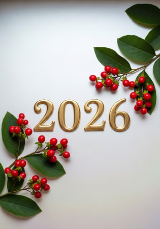 Happy New Year with red berries and green leaves on white background