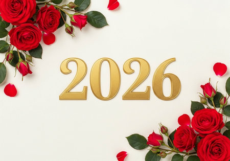 Happy new year background with red roses and golden number on white background