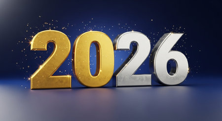 3D illustration. Golden numbers 2026 on blue background.の写真素材