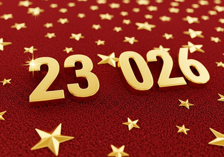 Happy New Year 2026. Golden numbers on a red background with stars. 3D illustration.の写真素材