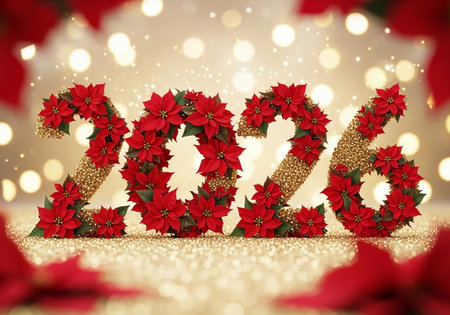 Happy New Year with poinsettia flowers on bokeh background