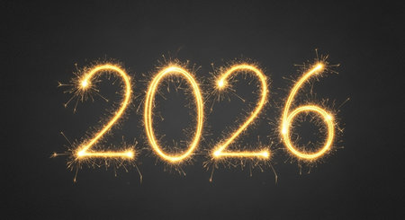 Happy new year written with Sparkle firework on black background.