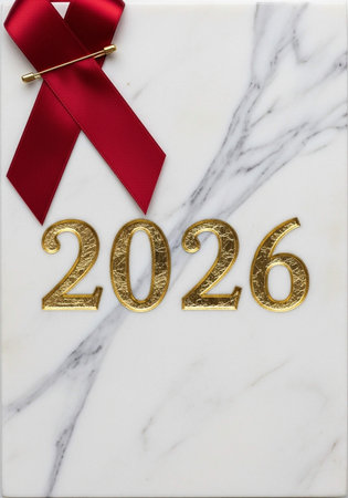Red ribbon on a white marble background with the number 2026 in goldの写真素材