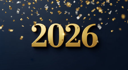 Golden numbers on dark background with confetti. Vector illustration.