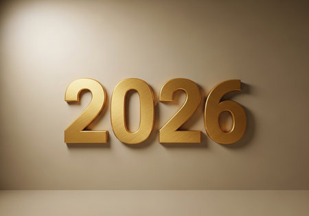 Happy New Year gold text on the wall. 3D illustration.