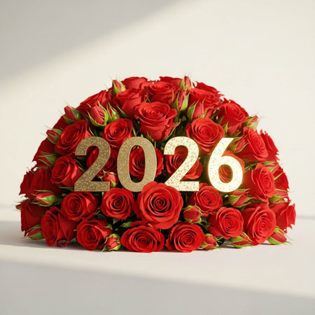 Happy New Year with red roses bouquet on white backgroundの写真素材