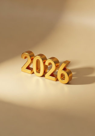 New Year golden 3d numbers on a beige background.の写真素材
