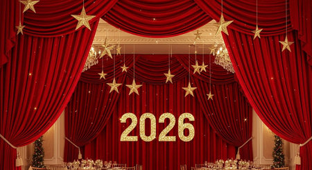 Christmas and New Year background with red curtains and golden stars. Vector illustration.
