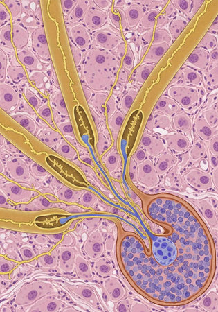 Human kidney cross section, 3D illustration. Human kidney cross section with highlighted cells