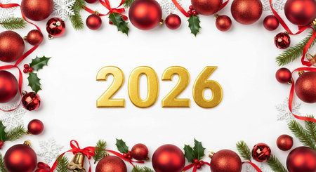 Christmas and New Year background with red baubles and fir branches.