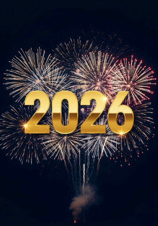 Happy new year 2026 written with Sparkle firework on black background