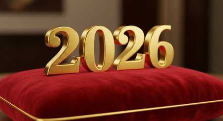 Happy New Year Gold Text on Red Pillow. 3D Renderingの写真素材