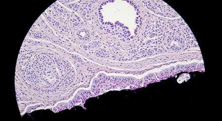 Histopathology of human kidney cross section under microscope for education.
