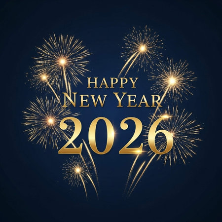 Happy New Year Greeting Card with Fireworks. Vector illustration