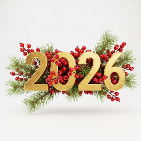 New Year 2016. 3D illustration. Festive decoration with fir branches and berries.の写真素材