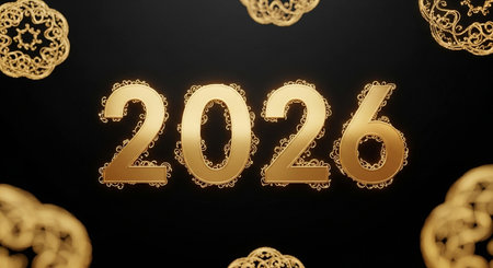2026 Happy New Year background. 3D illustration. Golden numbers on black background