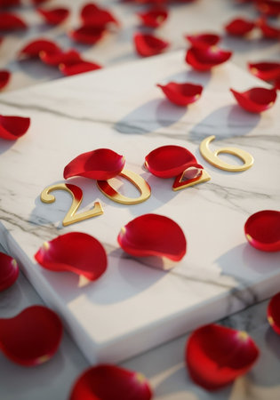 Happy new year written with red rose petals backgroundの写真素材