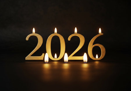 Burning candles in the form of the number 2026 on a dark backgroundの写真素材