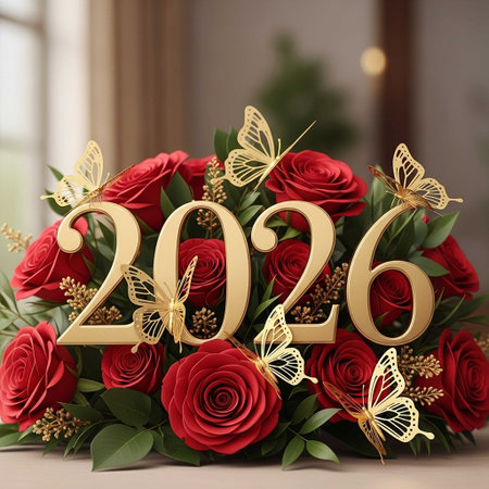 Happy new year with red roses and butterflies, 3d render