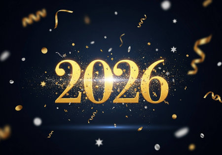 Happy New Year. Gold glittering numbers and confetti on dark background. Vector illustration.