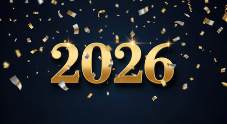 Golden numbers on blue background with gold confetti. Vector illustration.