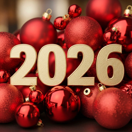 Happy New Year. Christmas red balls on a dark background.の写真素材