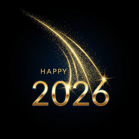 Happy New Year Greeting Card. Golden Sparkling Numbers on Black Background