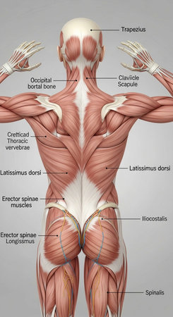 Muscular system of human body with anatomy and text on gray background