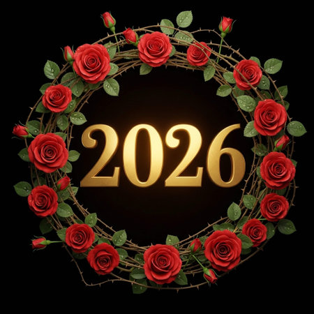 Happy New Year 2026. Greeting card with red roses.