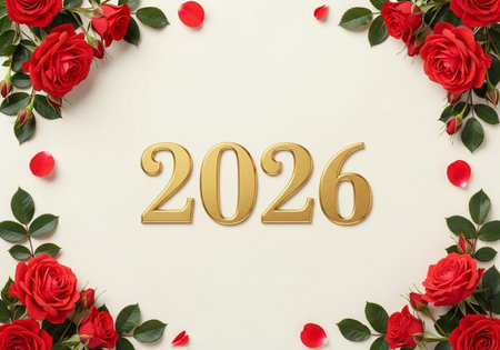 Happy New Year with red roses and golden numbers on white background
