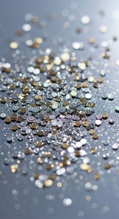 Silver glitter sparkle confetti on black background. Blurred background.