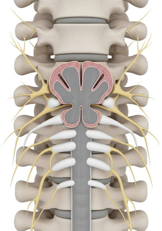 Human spine with highlighted bone. Medically accurate 3D illustration.