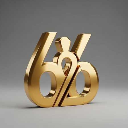 Gold 3d percent symbol isolated on gray background. Metallic font with glossy reflections.