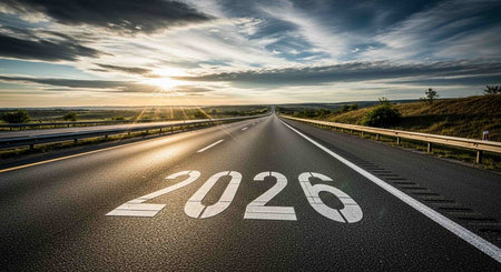 New year concept with asphalt road leading towards the horizon and blue sky