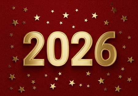 Happy New Year gold text on red background. 3D illustration