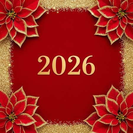 Christmas greeting card with poinsettia on red background. Top view.