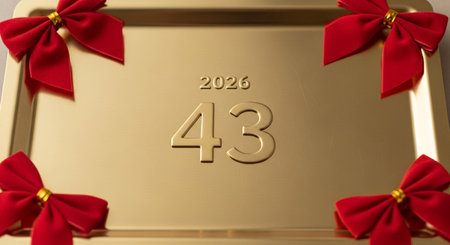 golden box with red bow and number forty-three 3d illustrationの写真素材