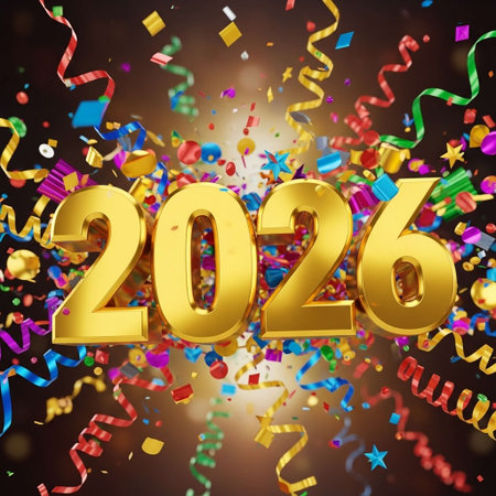 Happy New Year greeting card with golden numbers and confetti. 3D Rendering