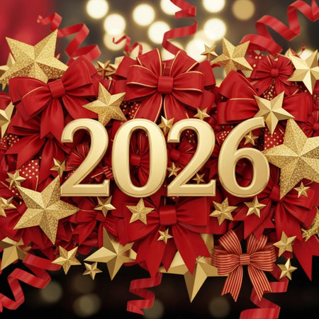 Golden numbers on a background of Christmas decorations. 3d illustration