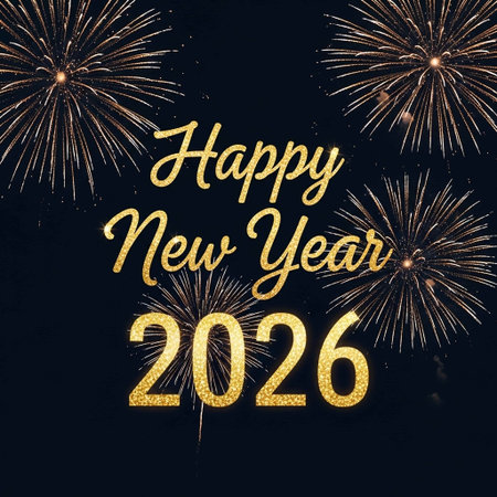 Happy New Year greeting card with golden firework. Vector illustration