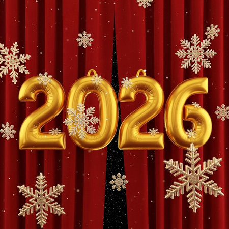 Happy New Year. Gold foil balloons with snowflakes on red curtain background
