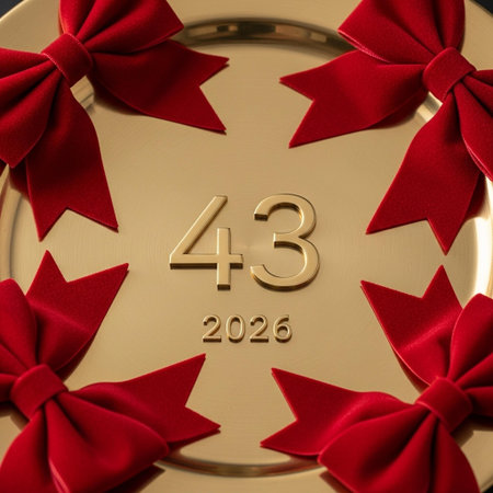golden plate with red bow and number forty-three 2026 on it