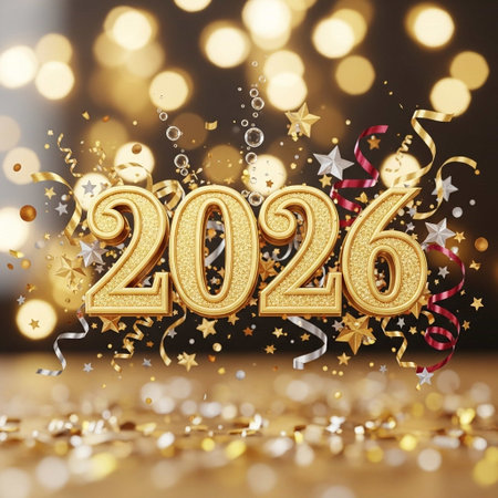 Happy New Year 2016. Golden number 2016 and golden confetti on bokeh background.