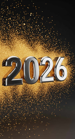 Happy New Year 2026. 3D illustration. Golden glitter on a black background.