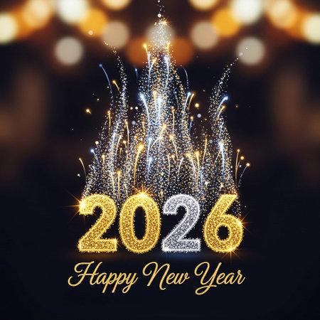 Happy New Year 2016 greeting card with fireworks and fireworks. Vector illustration.